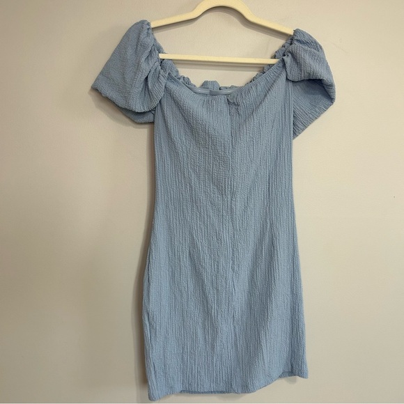 NWT Nasty Gal Naanaa Ruched Fabric Bardot Mini Dress Blue Off-Shoulder Size 10 - Picture 6 of 8